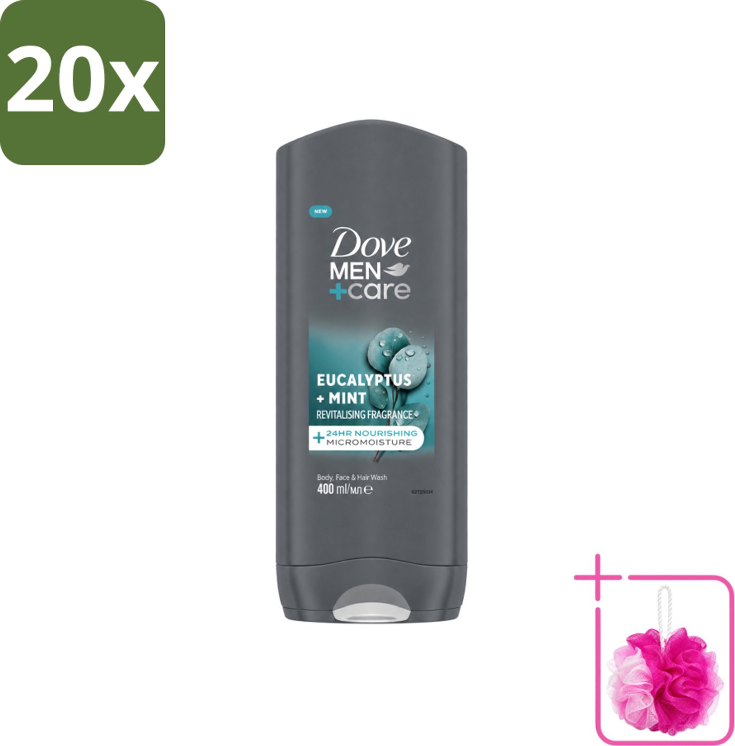 20 x Dove - Douchegel - Men+ Care Eucalyptus + Mint - Verfrissend en kalmerend - 400 ml - Bulkverpakking - Douchegel voor mannen - Douchemop - Eucalyptus en munt