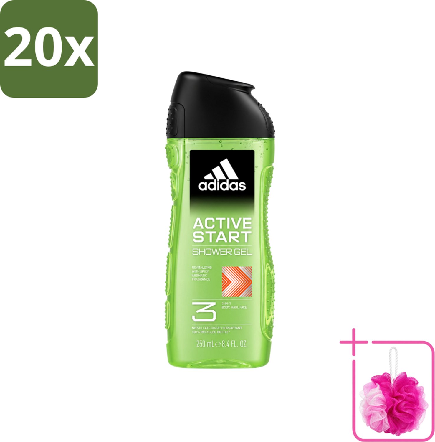 20 x Adidas - 3-in-1 Douchegel - Active Start - Kruidige Geur - Gerecyclede Verpakking - 250 ml - Bulkverpakking - Douchegel - Douchemop - 3-in-1