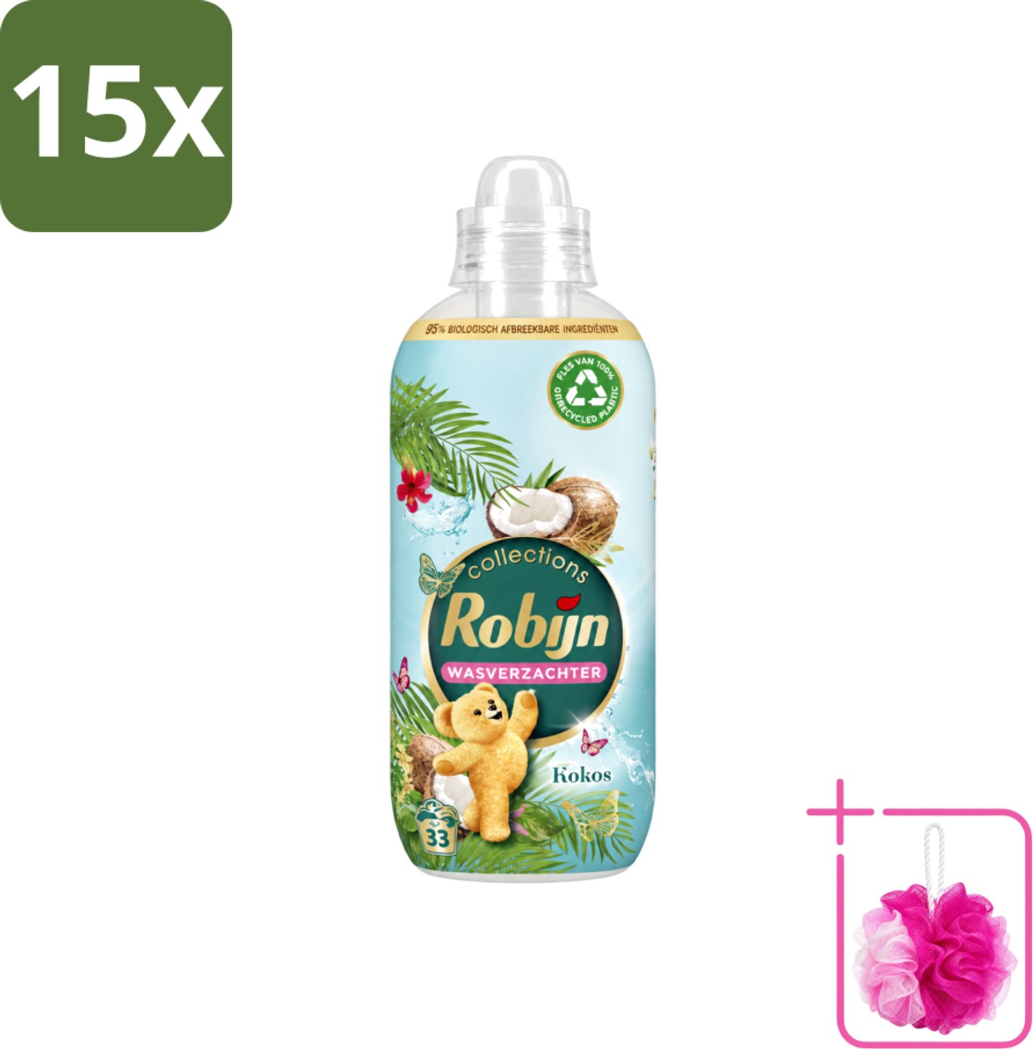 15 x Robijn - Kokos Sensation - Wasverzachter - Tropische Geur - 33 Wasbeurten - 825 ml - Bulkverpakking - Wasverzachter - Douchemop - Kokosgeur