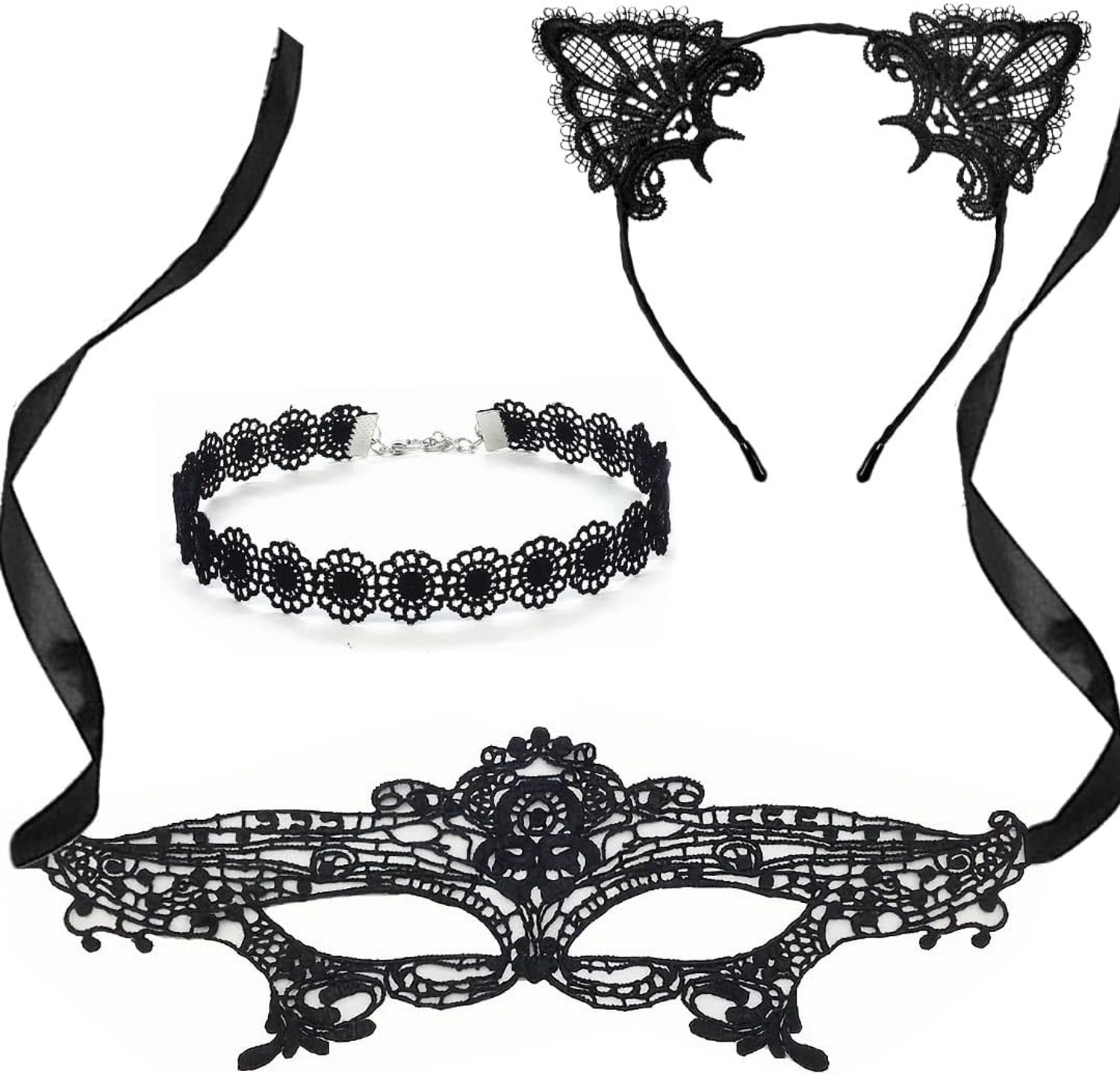‌3-delige Kattenkostuum Set voor Dames‌ – Kanten kattenoren haarband, katachtige ketting & zwart masker. Sexy kattenkostuum voor Halloween, carnaval, cosplay of themafeesten