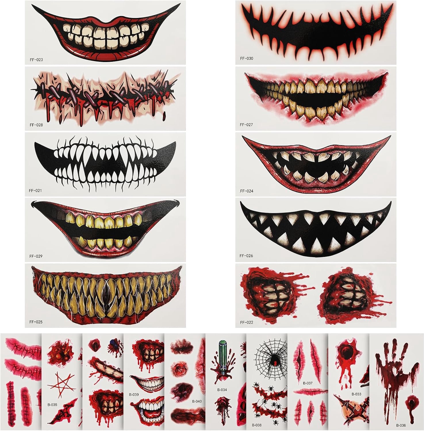 20 Vellen Halloween Tattoo Stickers, Realistisch Waterdicht Enge Grote Mond Gezicht Sticker Halloween Tattoos Make up Stickers Gezicht Tattoo voor Halloween Cosplay Decor