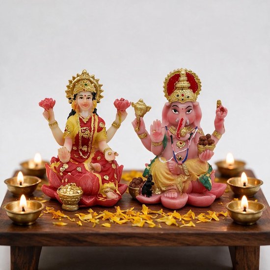 Ganesha Lakshmi voor auto - 2,5 "H handgeschilderde polystone hindoe-god Murti perfect decor voor autodashboard Diwali verjaardag Pooja cadeau voor Indiase thuiskantoor tempel Mandir Altaar Puja