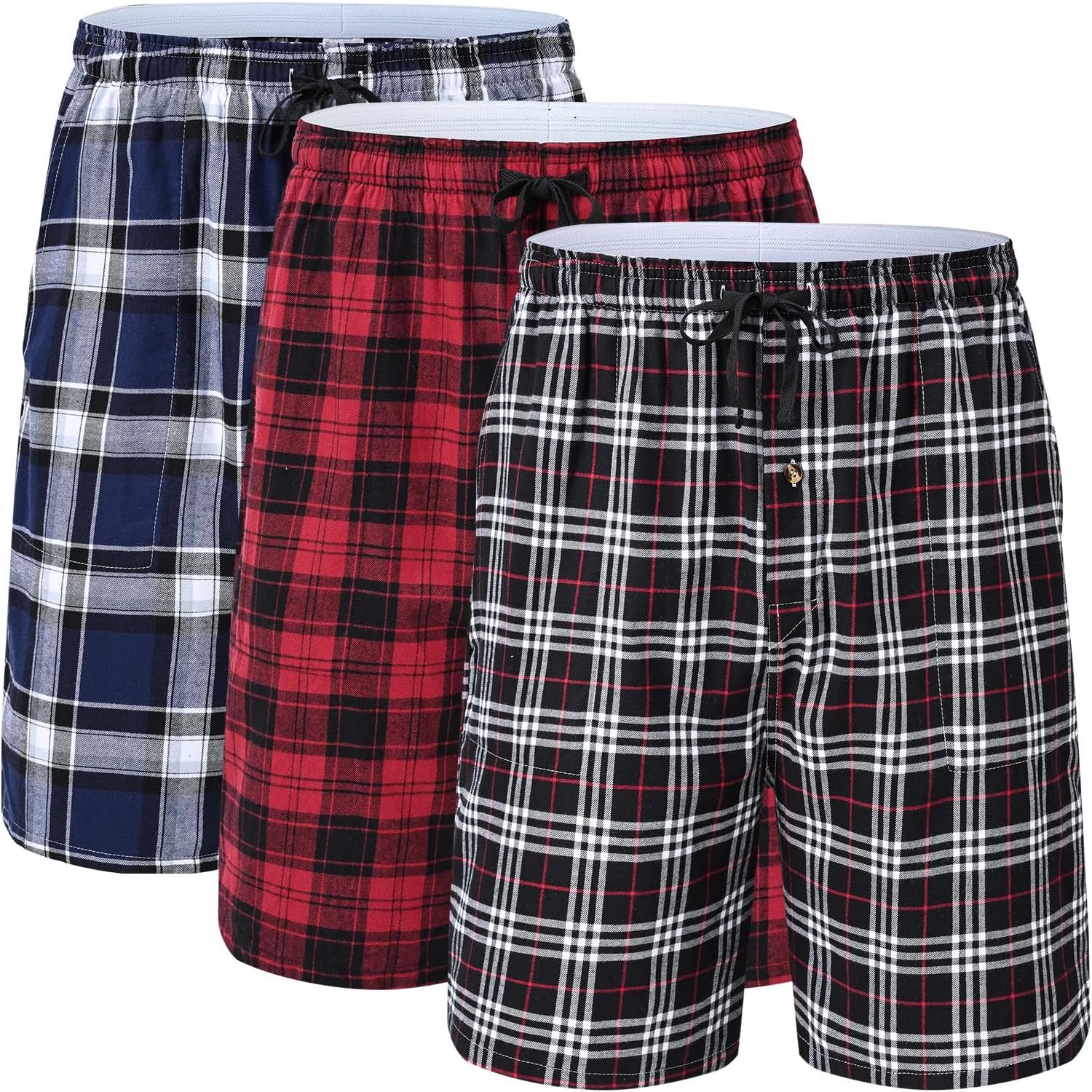 Pyjamabroek voor heren, korte pyjama, katoen, set van 3, geruite slaapbroek, zacht, ademend, zakken, knoopsluiting