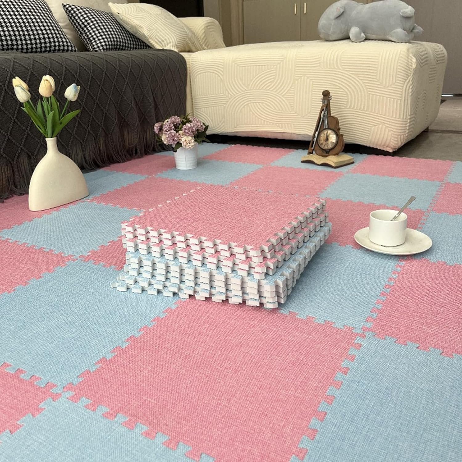 Puzzel Tapijttegels, In Elkaar Grijpende Puzzel Vloermat Tegels, Speelmat Voor Woonkamer, 30X30 Cm (Blauw + Roze 0,23 Inch)