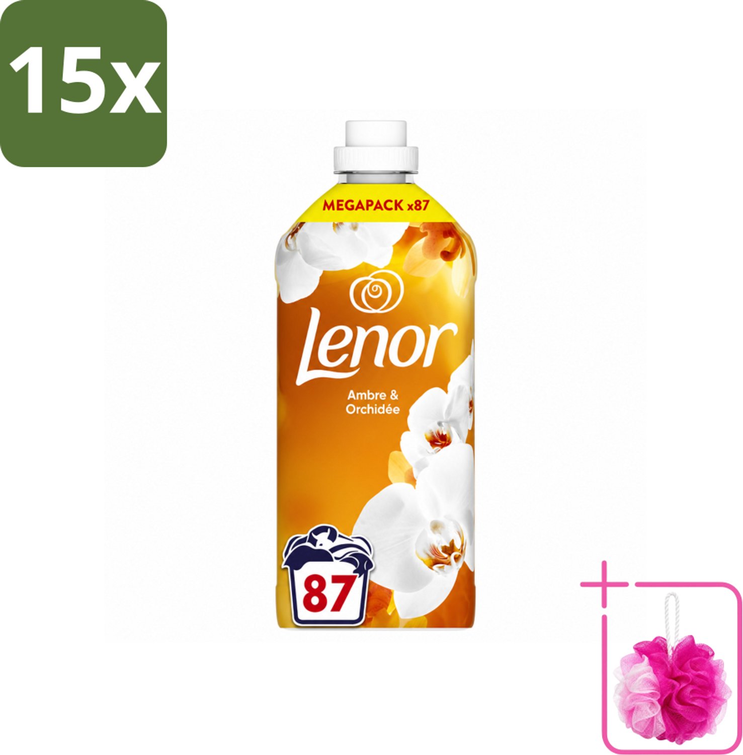 15 x Lenor - Wasverzachter - Amber & Orchidee - Fris & Zacht - 87 Wasbeurten - Bulkverpakking - Wasverzachter - Douchemop - Geur