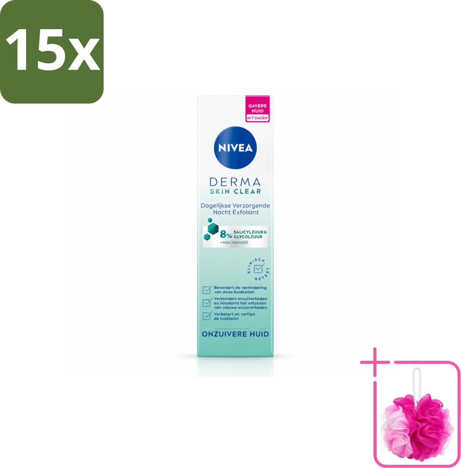15 x NIVEA - Nacht Exfoliant - DERMA Huidzuiver Dagelijkse Verzorging - Met Salicylzuur (AHA), Glycolzuur & Niacinamide - Tegen Acne & Mee-eters - 40 ml - Bulkverpakking - Nacht exfoliant - Douchemop - Huid reinigen