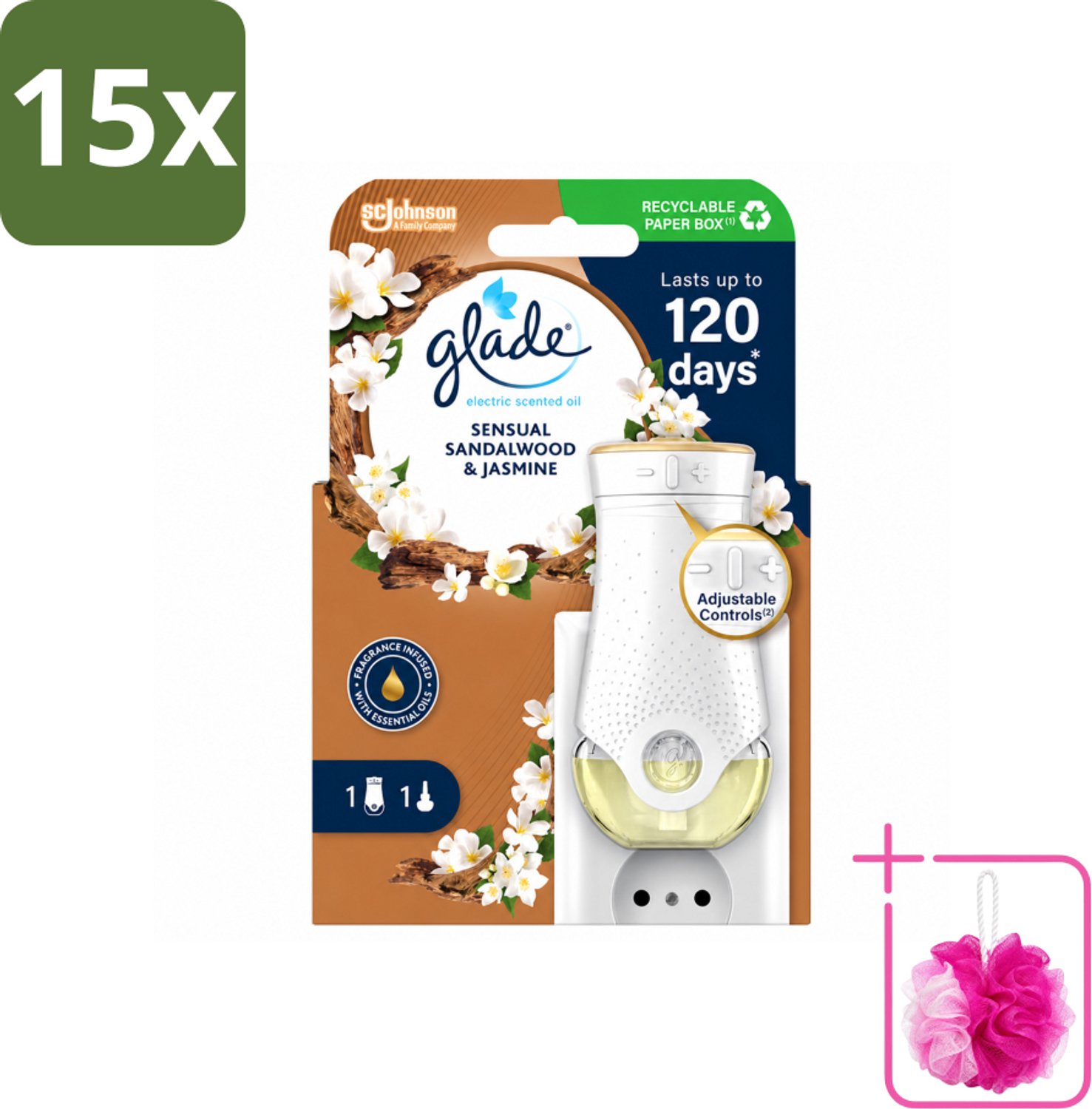 15 x Glade - Houder Elektrische Olie - Sensual Sandelhout Jasmijn - Bulkverpakking - Geurhouders - Douchemop - Geur