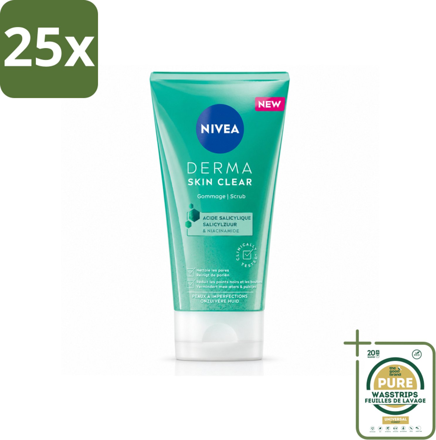 25 x NIVEA - Gezichtsscrub - DERMA Huidzuiver - Voor onzuivere huid - Met Salicylzuur (AHA) & Niacinamide - Tegen Acne & Mee-eters - 150 ml - Wasstrips - Gezichtsreiniging - Acne - Puistjes - Huidzuiver - Salicylzuur