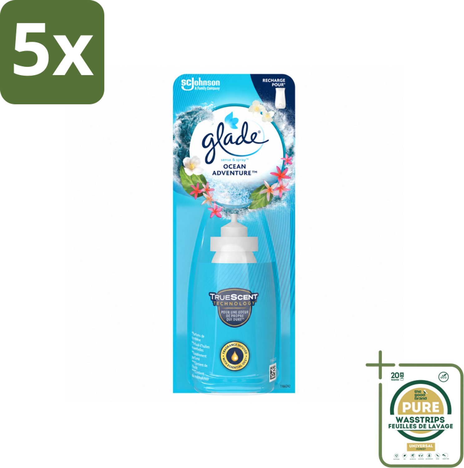 5 x Glade - Sense & Spray - Ocean Adventure - 18 ml - Wasstrips - Luchtverfrisser - Zeegeur - Citrusgeur - Bloemengeur - Automatische Geur