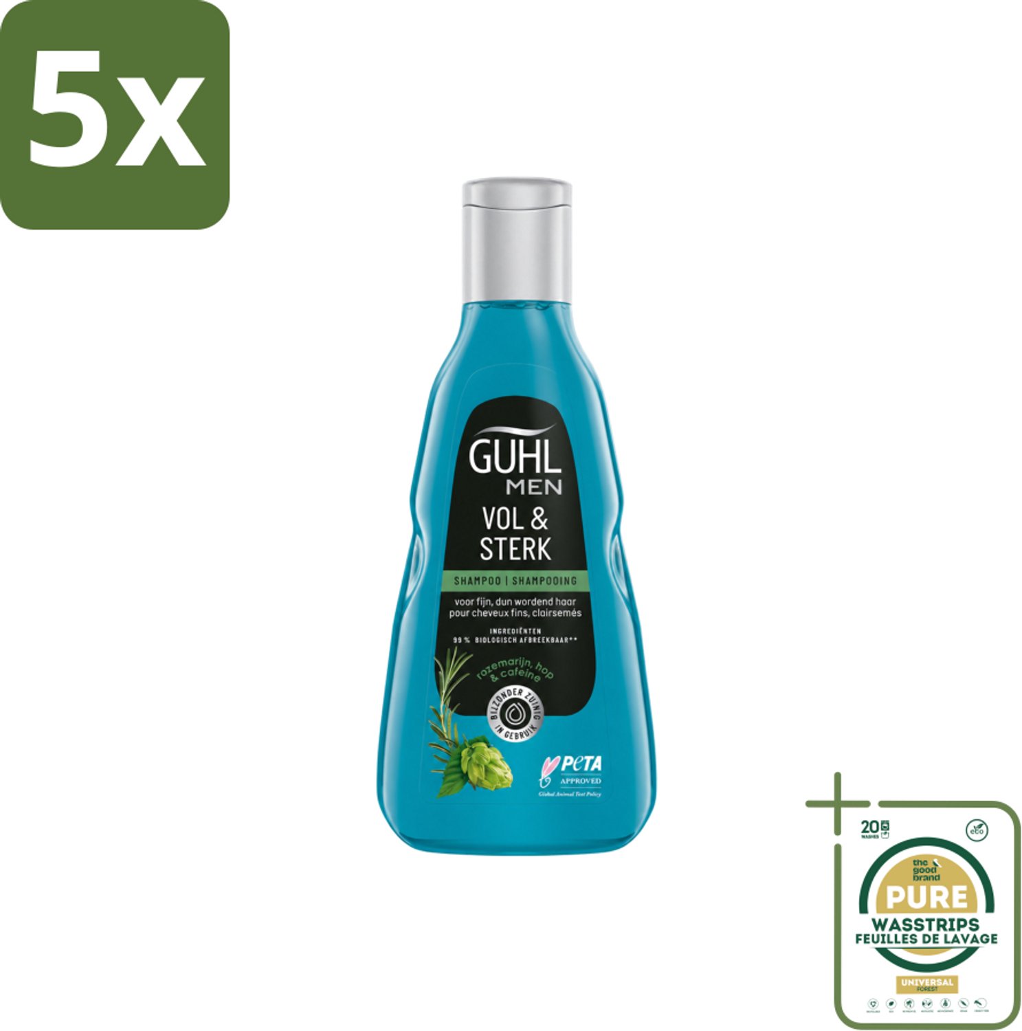 5 x Guhl - Shampoo - Men Vol & Sterk - 250 ml - Wasstrips - Mannen Haar - Krachtig Haar - Volume Haar - Sterk Haar - Fijn Haar
