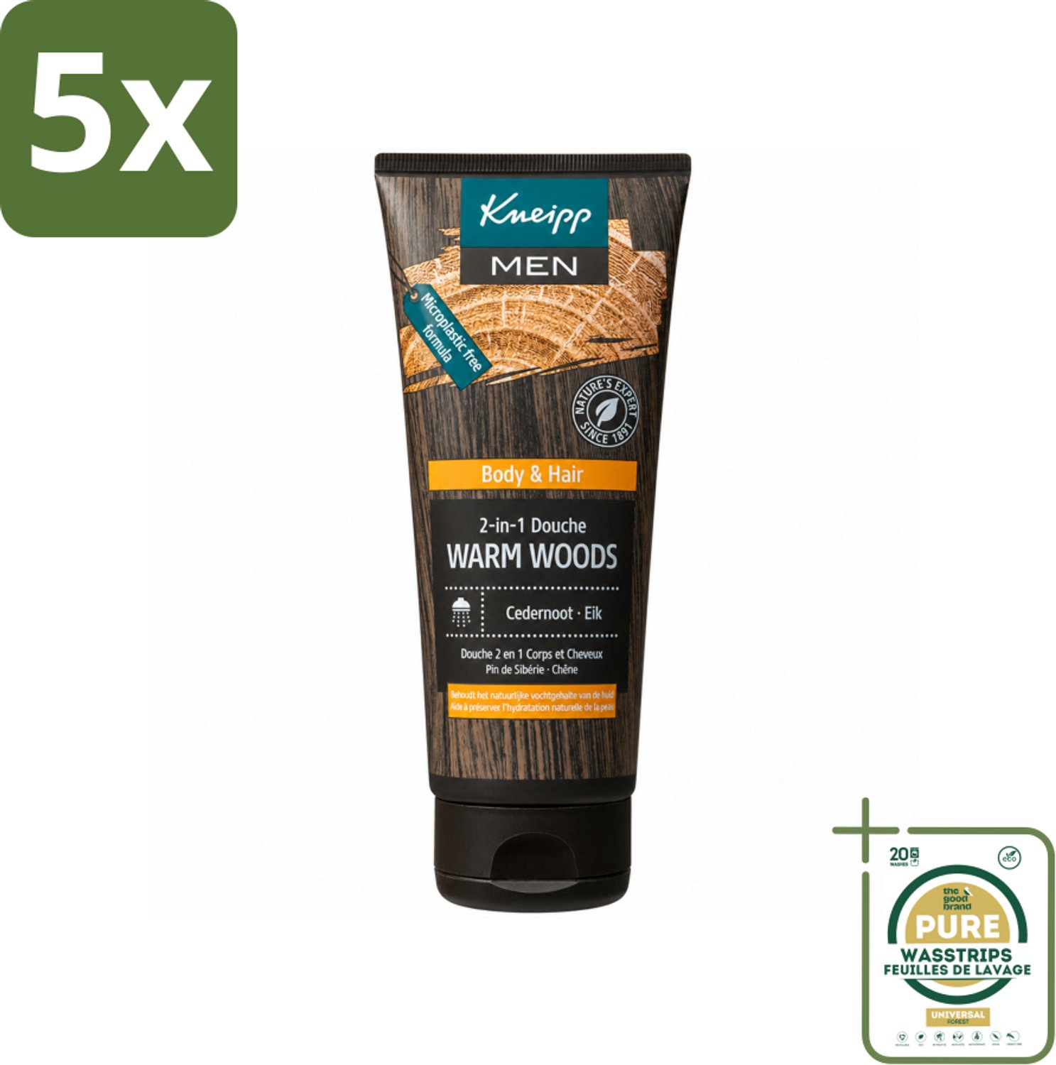 5 x Kneipp - Douchegel - Men - Warm Woods - 2-in-1 - 200 ml - Wasstrips - Douchegel Mannen - Natuurlijke Verzorging - Huid Verzorging - Haar Verzorging - Warm Woods Geur