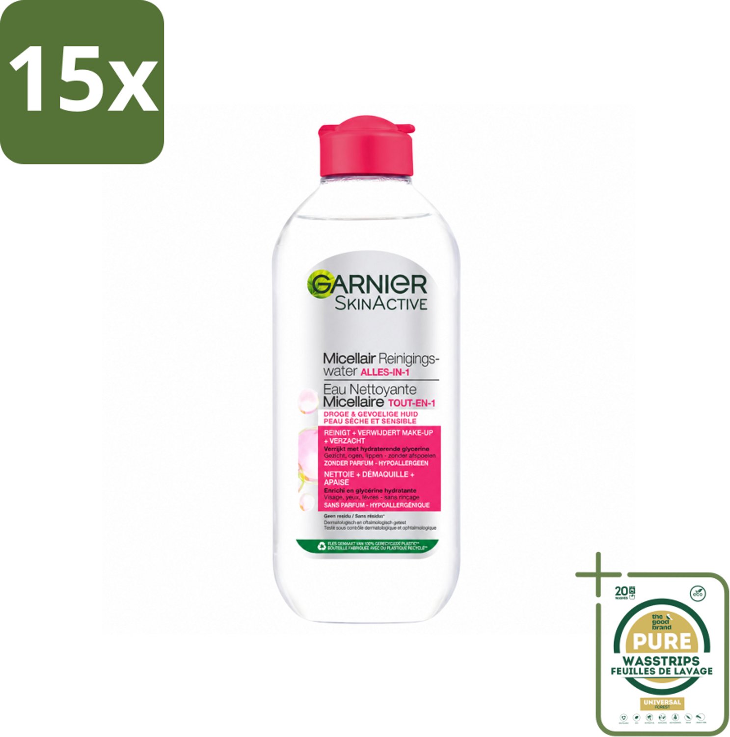 15 x Garnier - SkinActive - Micellair Reinigingswater - Droge & Gevoelige Huid - Hydraterend & Reinigend - 400 ml - Wasstrips - Micellair Reinigingswater - Droge Huid - Gevoelige Huid - Make-up Verwijderen - Gezicht Reinigen