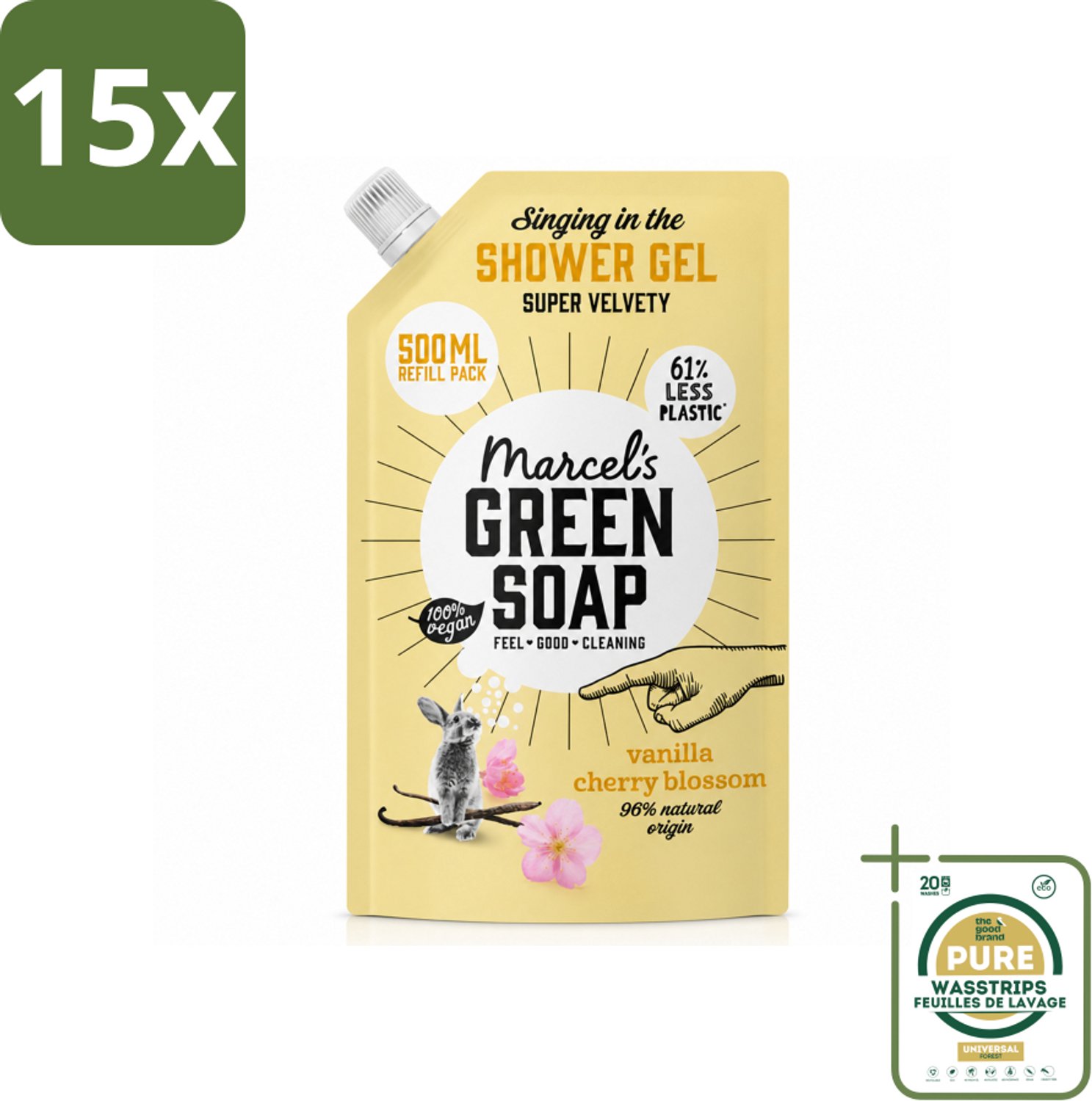 15 x Marcel's Green Soap - Shower Gel - Navulling - Vanille & Kersenbloesem - Krachtige werking - 500 ml - Wasstrips - Douchegel - Natuurlijke Douchegel - Ecologische Douchegel - Vegan Douchegel - Biologisch Afbreekbaar