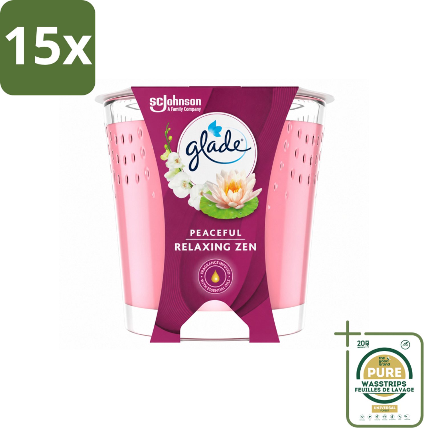 15 x Glade - Geurkaars Relaxing Zen - 100% Raapzaadwas - 112 g - Wasstrips - Geurkaars - Kaars - Geur - Rust - Calme