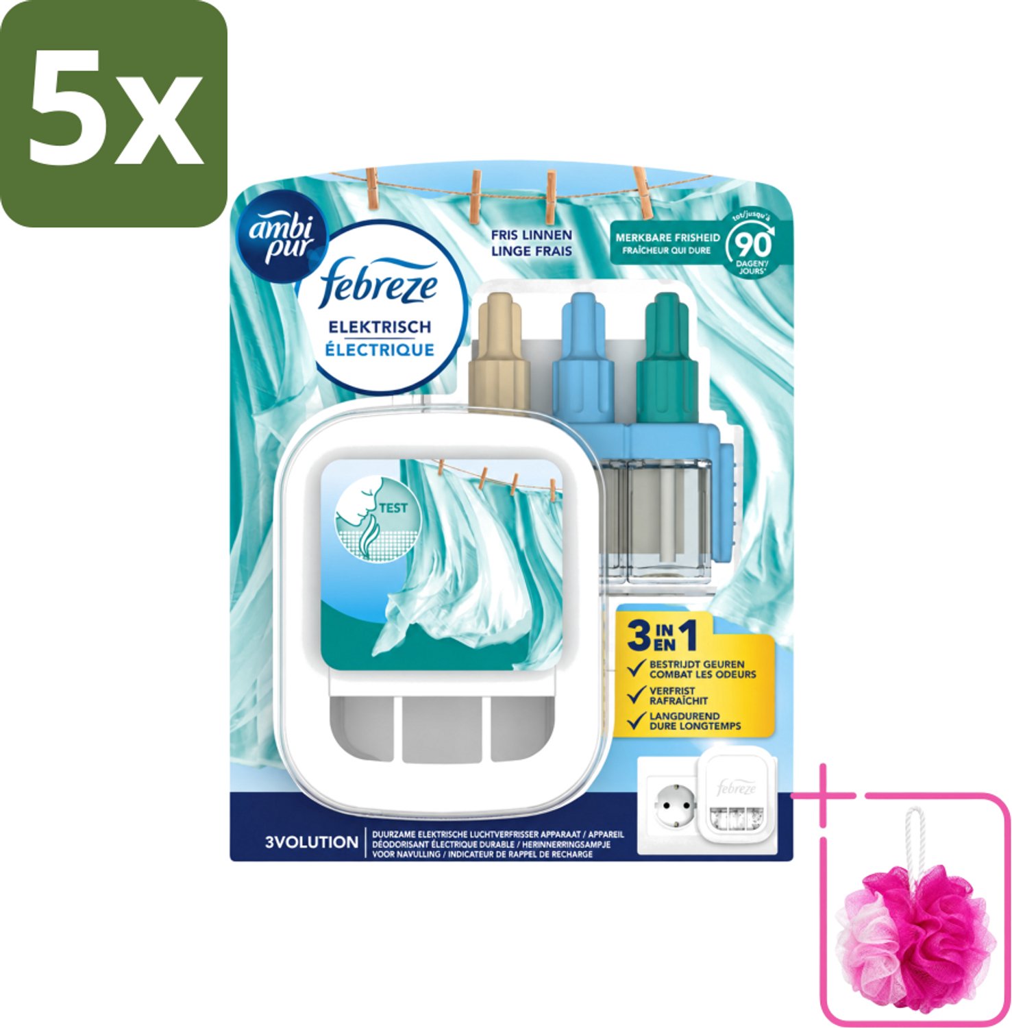 5 x Ambi Pur - 3Volution - Starterkit - Fresh Linnen - 20 ml - Bulkverpakking - Geurwisseling - Douchemop - Frisse linnengeur