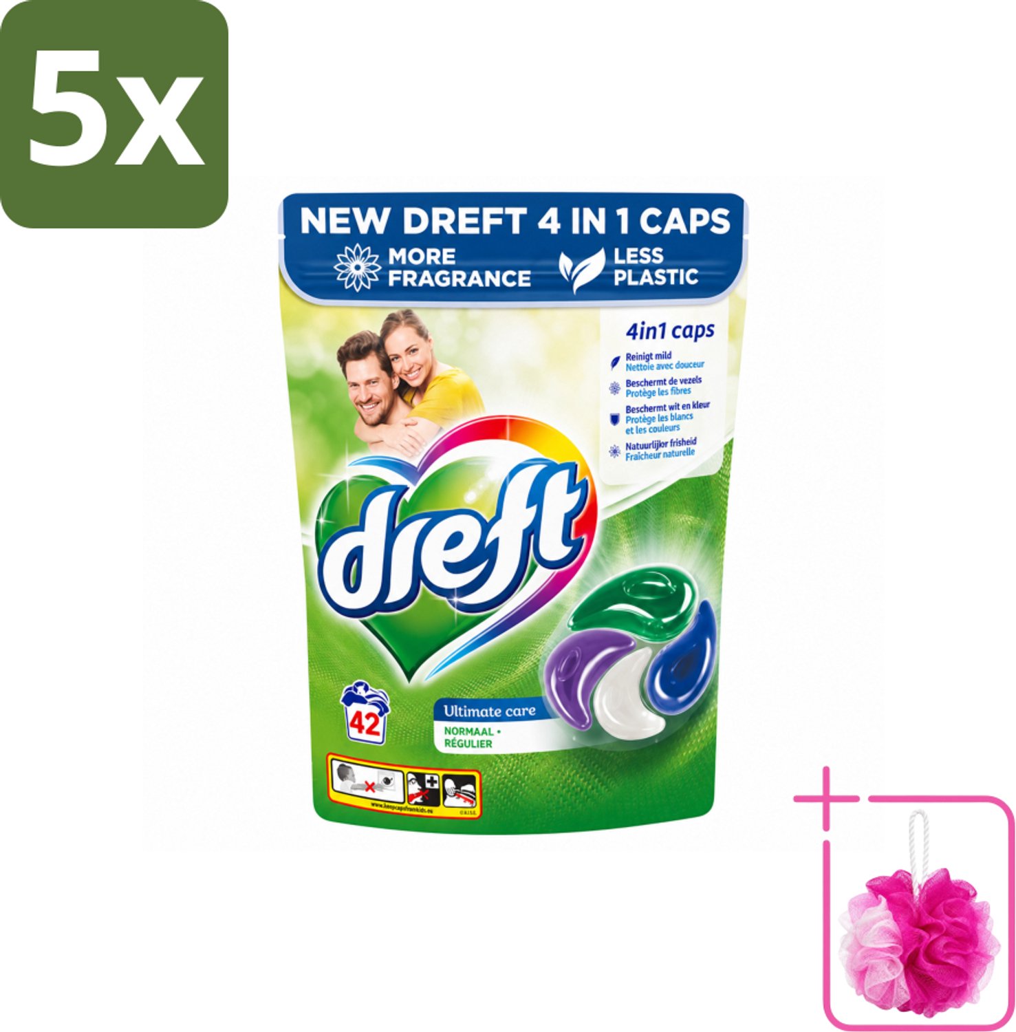 5 x Dreft - Wasmiddelcapsules - Ultimate Care - Zachte verzorging - 42 Wasbeurten - Bulkverpakking - Wasmiddel - Douchemop - Wascapsule