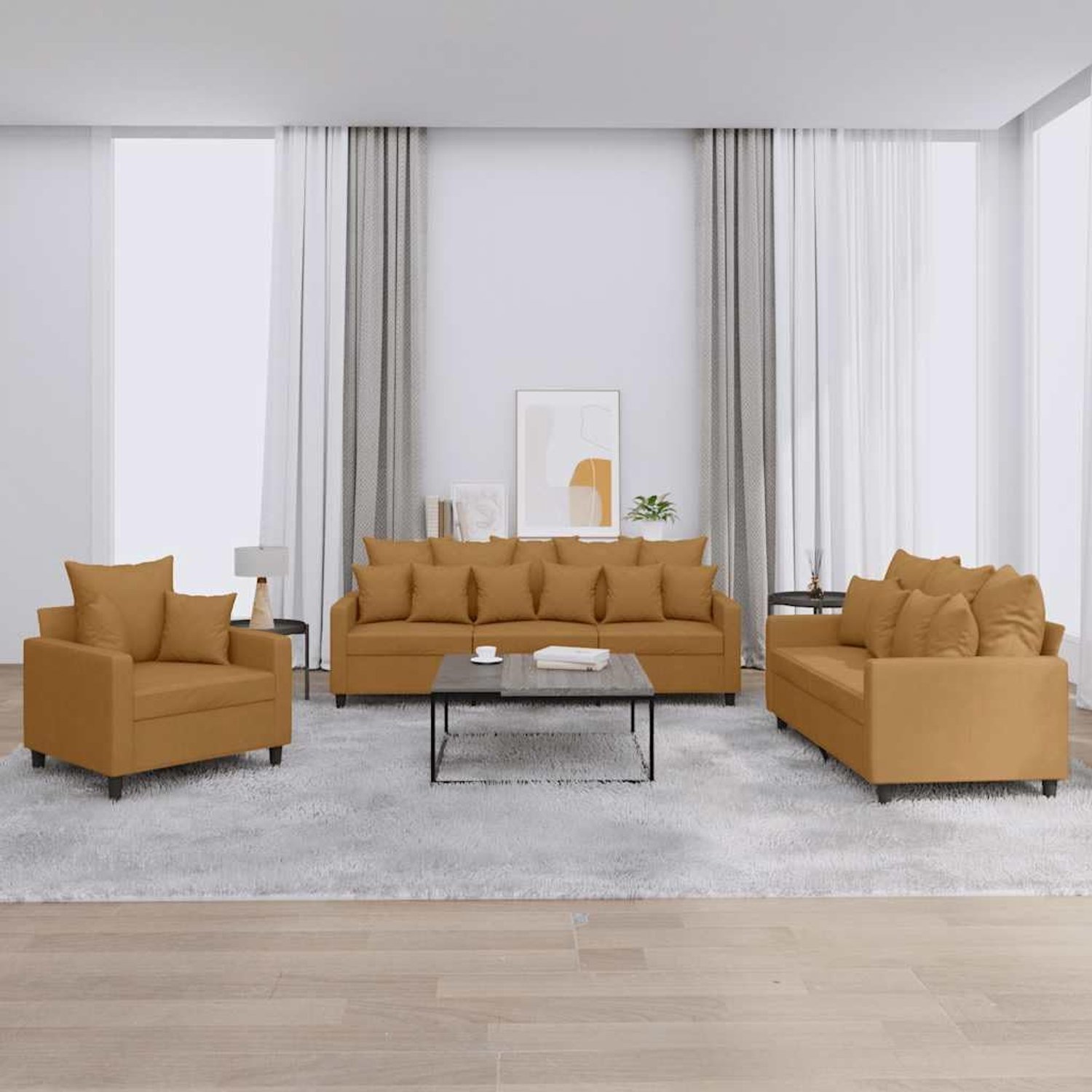 3-delige bankset met kussen in bruin fluweel, zachte velours sofaset met bekleding, robuust frame van multiplex en metaal voor duurzaamheid en stabiliteit, comfortabel