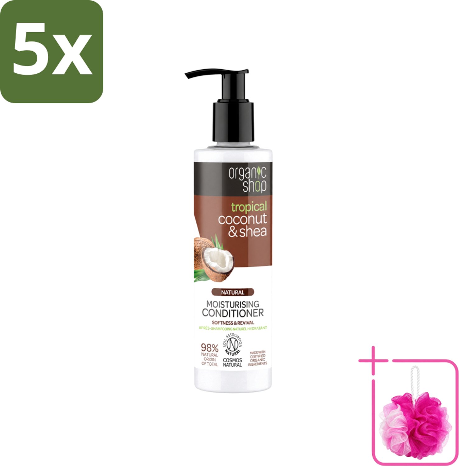 5 x Organic Shop - Coconut & Shea Conditioner - Verzorgend en Voedend - 280 ml - Bulkverpakking - Haarverzorging - Douchemop - Natuurlijke conditioner