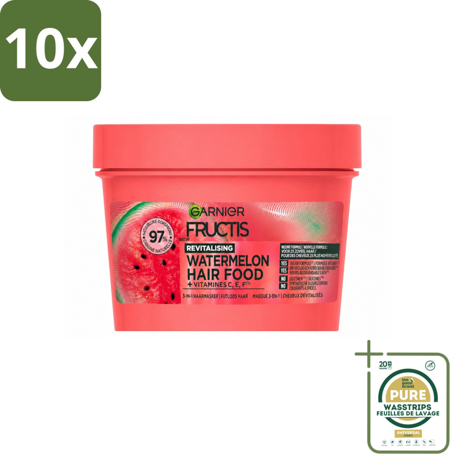 10 x Garnier - Fructis Hair Food Watermelon - 3-in-1 Haarmasker - Futloos Haar - 400 ml - Wasstrips - Haarmasker - Futloos Haar - Hydratatie - Haarvoeding - 3-in-1 Masker