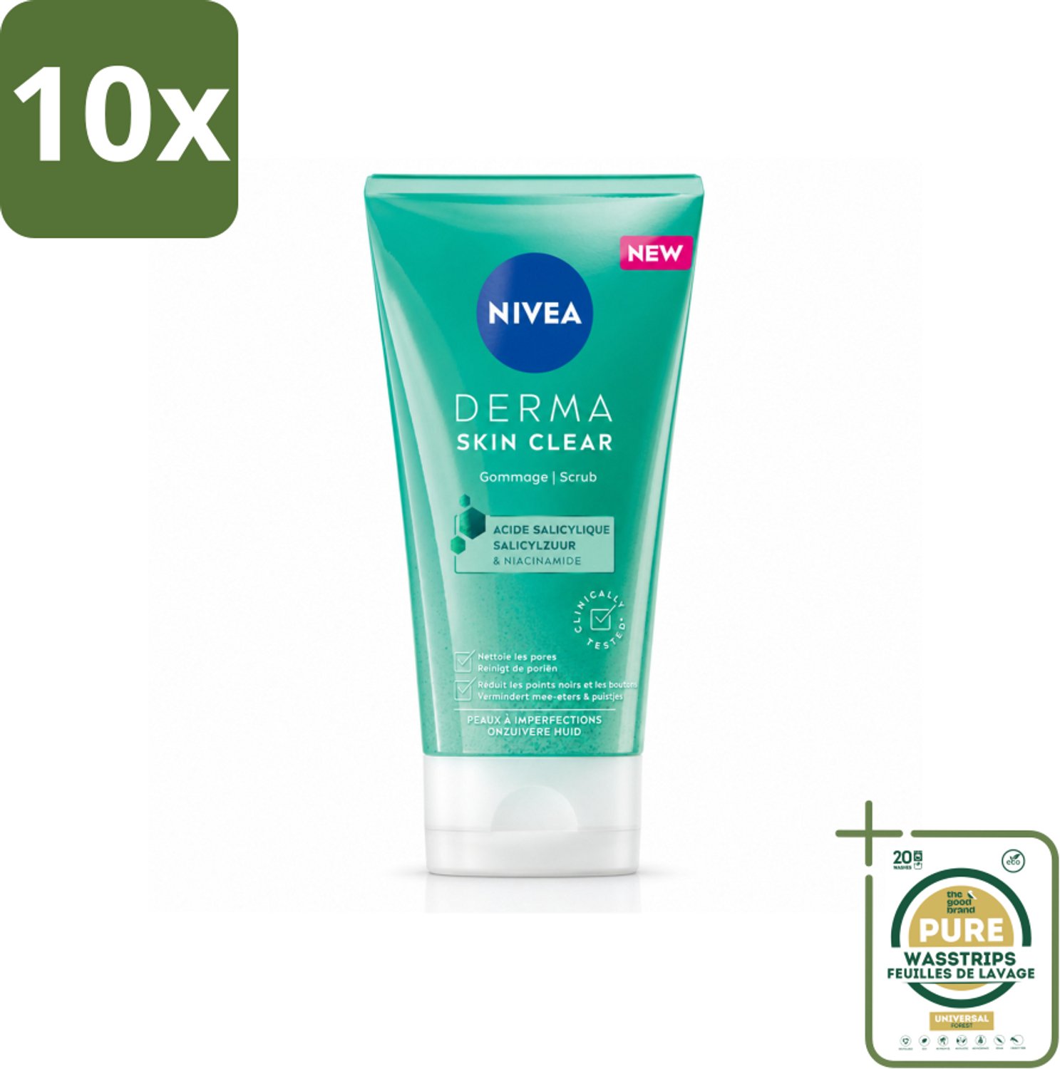 10 x NIVEA - Gezichtsscrub - DERMA Huidzuiver - Voor onzuivere huid - Met Salicylzuur (AHA) & Niacinamide - Tegen Acne & Mee-eters - 150 ml - Wasstrips - Gezichtsreiniging - Acne - Puistjes - Huidzuiver - Salicylzuur