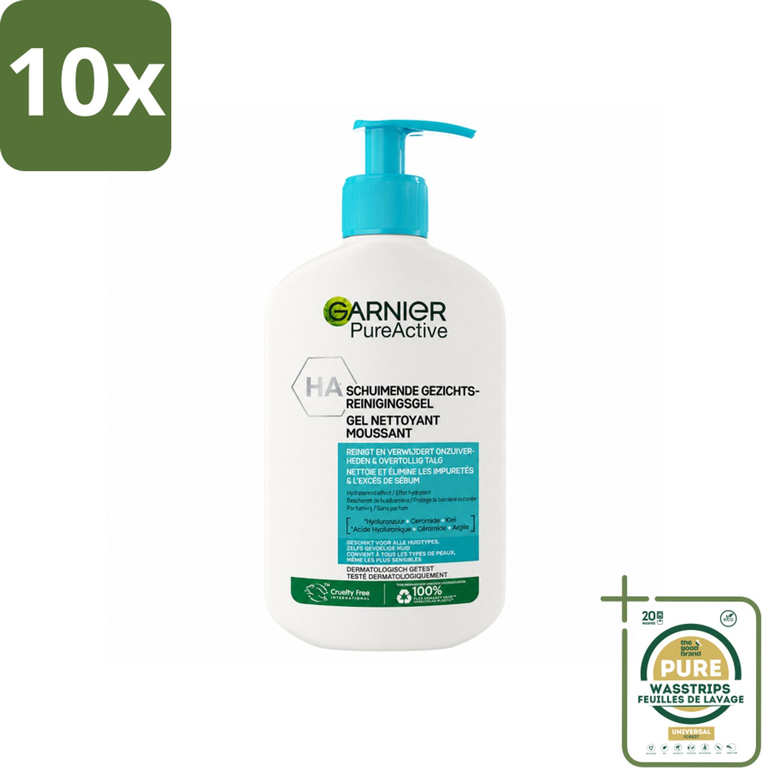 10 x Garnier - Pure Active - Gezichtsreiniger - Hydraterend - 250 ml - Wasstrips - Gezichtsreiniger - Huidverzorging - Hyaluronzuur - Ceramide - Klei