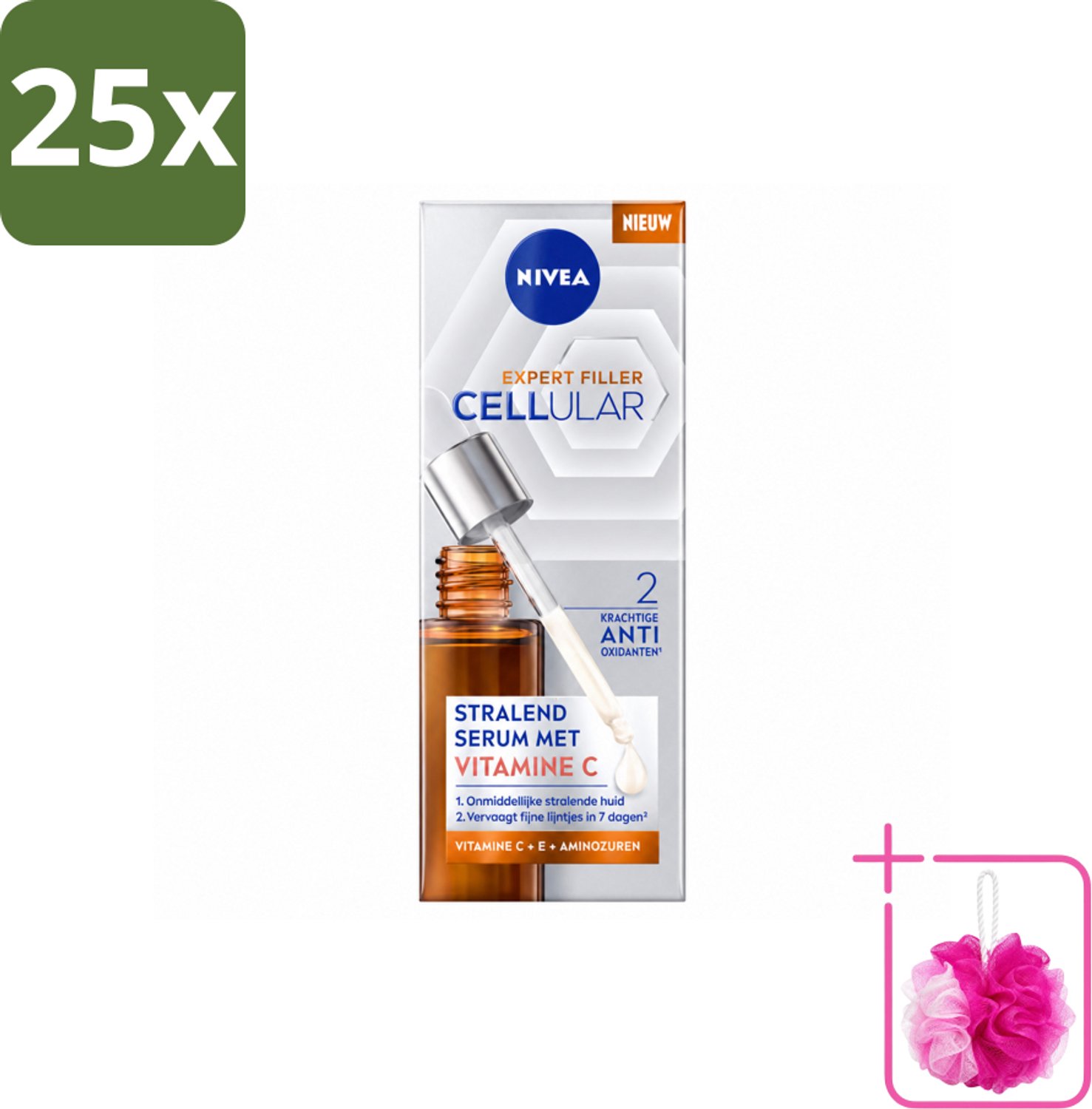 25 x Nivea - Cellular - Expert Filler Vitamine C Serum - Voor Stralende Huid - 30 ml - Bulkverpakking - Huidverzorging - Douchemop - Anti-aging serum