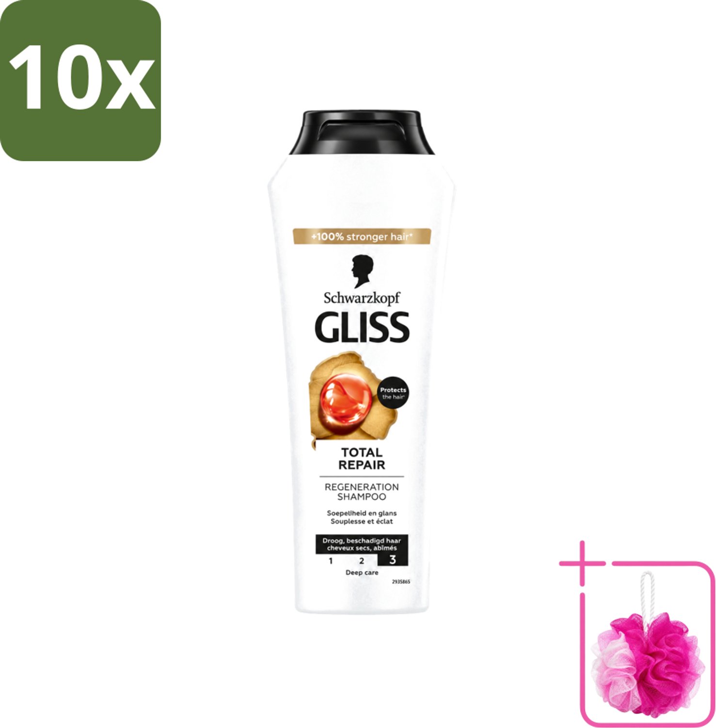 10 x Gliss - Shampoo - Total Repair - Voor Intensief Haarherstel - 250 ml - Bulkverpakking - Haarkracht - Douchemop - Haarherstel