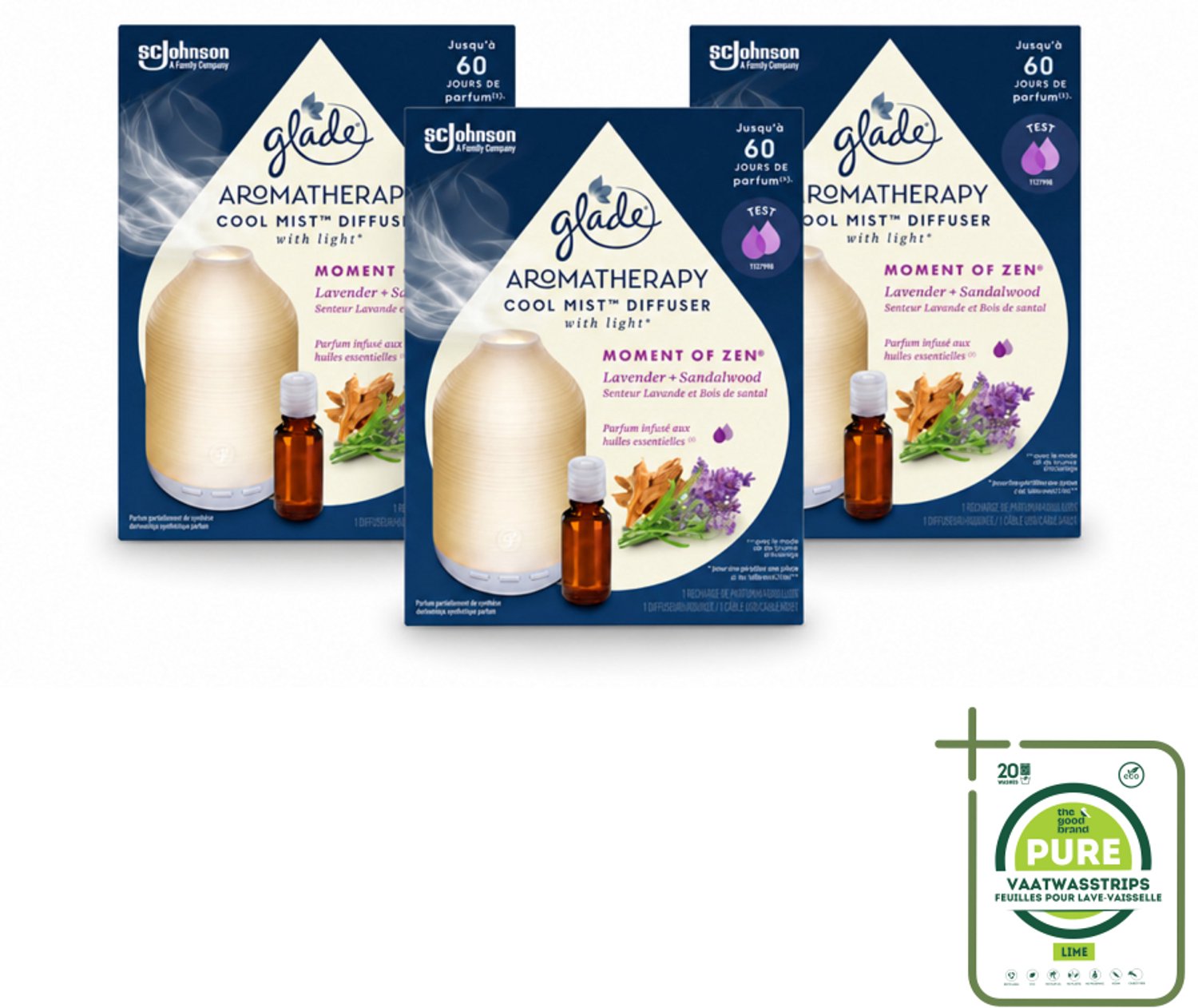 3 x Glade – Aromatherapy Mist Diffuser – Starterpakket – Houder + Moment of Zen Navulling - 17,4 ml - Grootverpakking - Vaatwasstrips - Aromatherapie - Ontspanning - Lavendel - Sandelhout - Geur