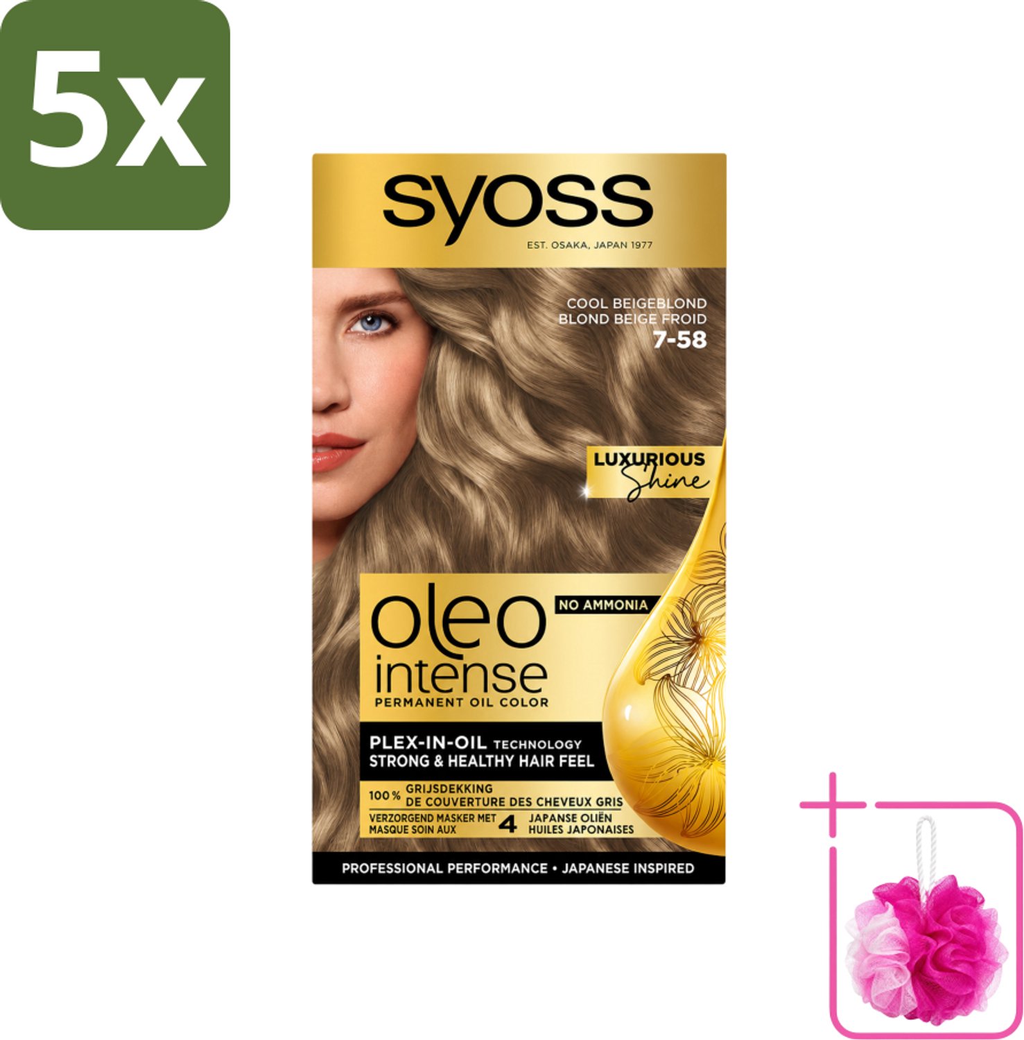 5 x SYOSS - Oleo Intense 7-58 Cool Beige Blond - Haarverf - Zonder Ammoniak - Grijsdekking - Langdurige Kleur - Bulkverpakking - Haarkleuring zonder ammoniak - Douchemop - Olijfkleur