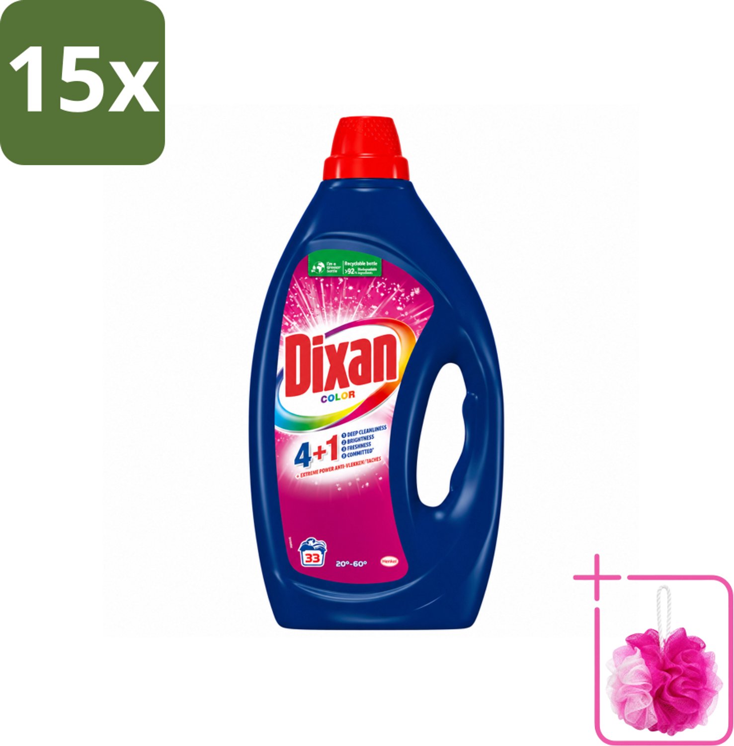 15 x Dixan - Vloeibaar wasmiddel - Voor gekleurde was - 33 wasbeurten - Bulkverpakking - Kleurbehoud - Douchemop - Wasmiddel voor gekleurd textiel