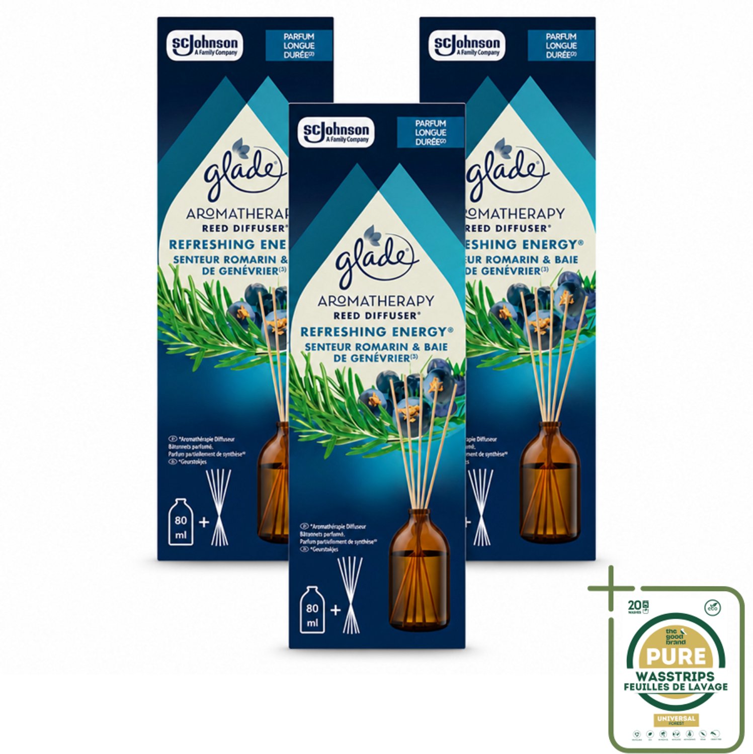3 x Glade - Geurstokjes Verfrissende Energie - Aromatherapie Geurverspreiding - 80 ml - Wasstrips - Geurstokjes - Aromatherapie - Energie - Geurverspreiding - Geur