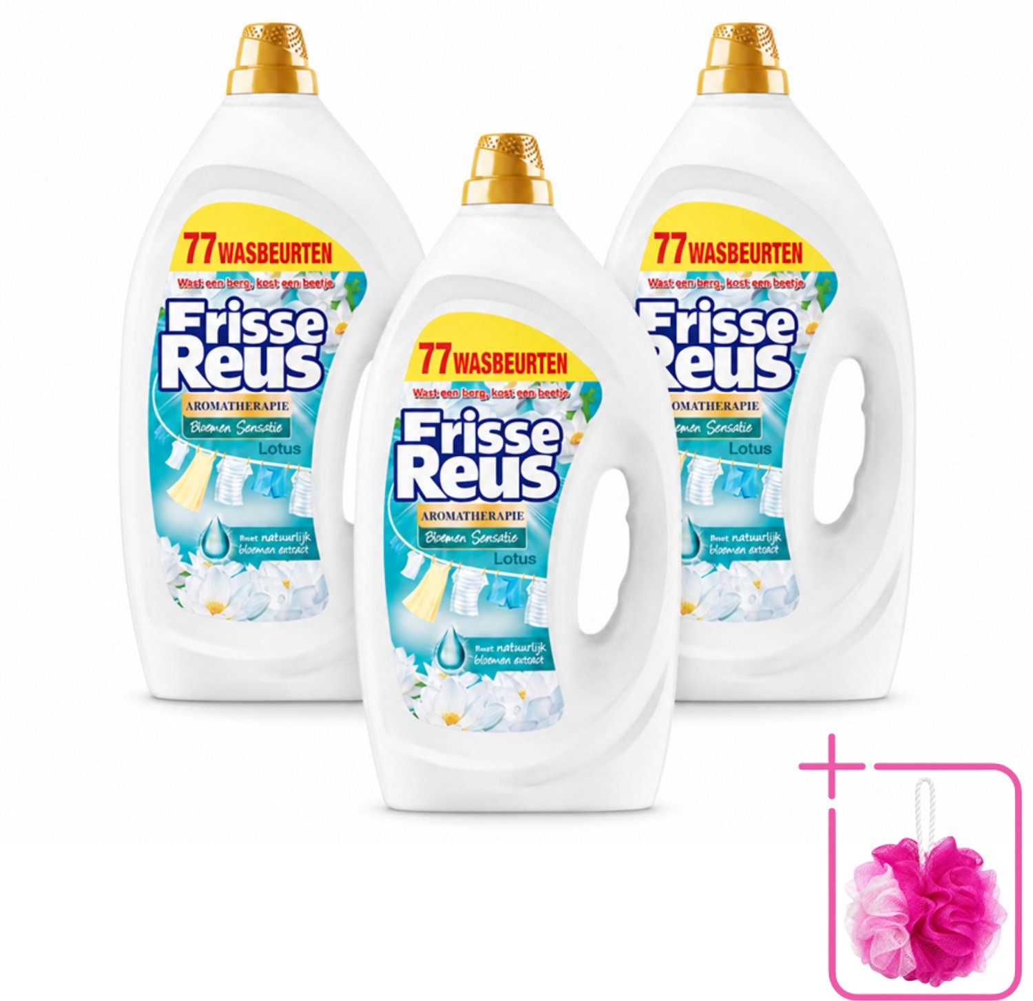 3 x Frisse Reus - Vloeibaar Wasmiddel - Lotus - Witte Was - 77 Wasbeurten - Bulkverpakking - Witte was - Douchemop - Frisse was