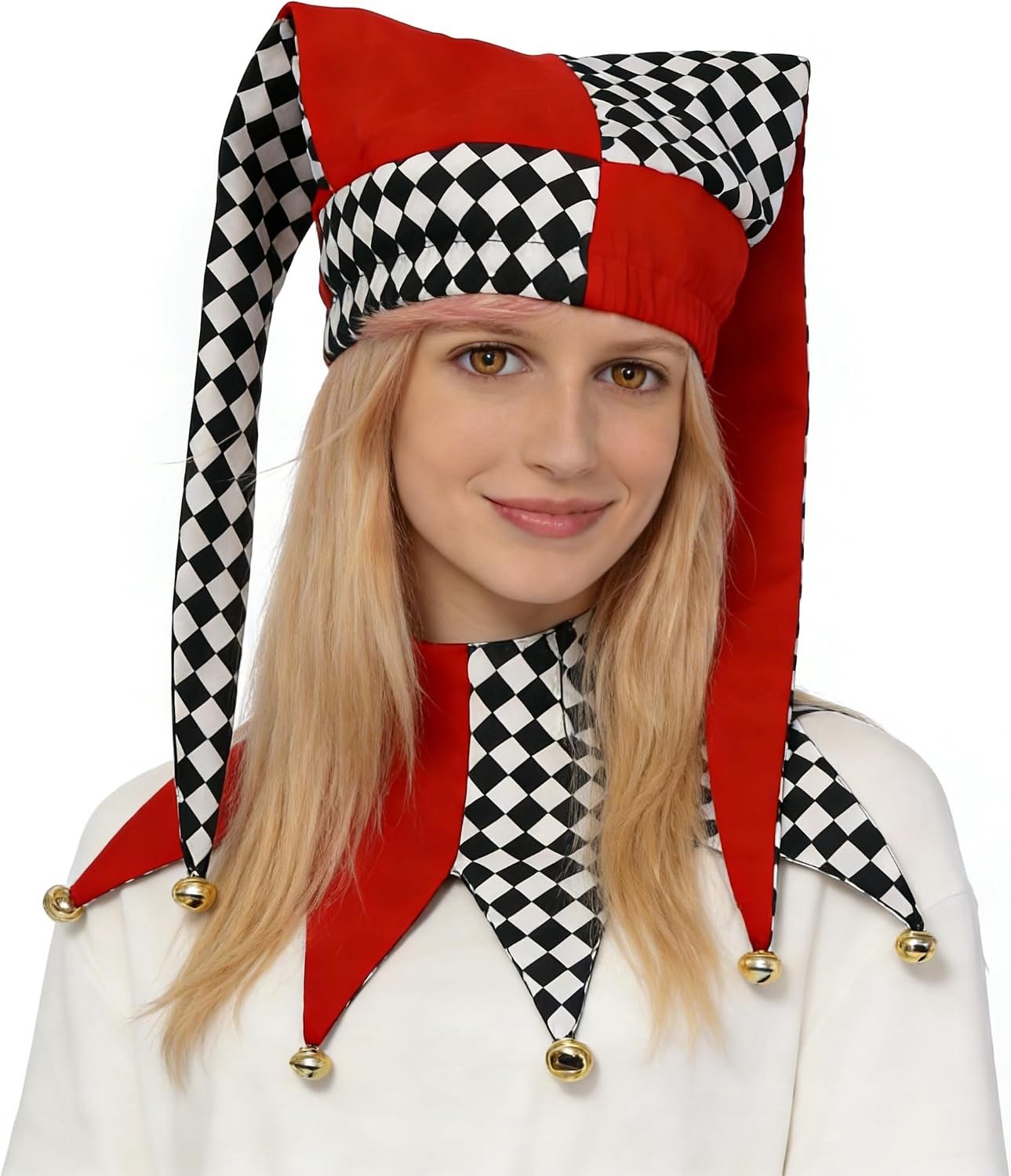 Hoed en kraag set, harlekijn diamant patroon, zwart en wit, rood en zwart, middeleeuwse hofnar kostuum accessoires
