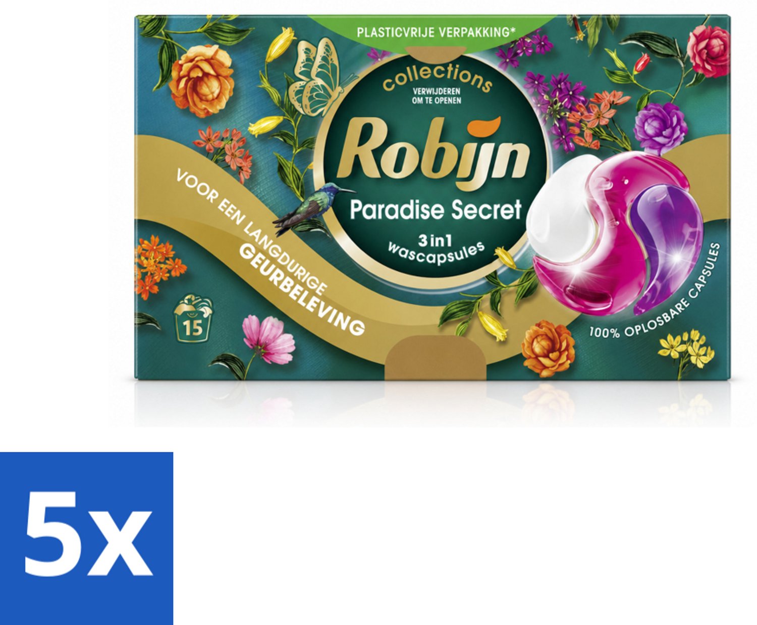 5 x Robijn – 3-in-1 Wascapsules – Paradise Secret - 15 Capsules - Voordeelverpakking - 5 stuks