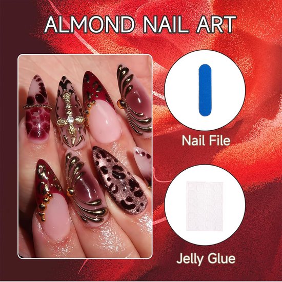24 Stuks Franse Spitzen Middelgrote Amandel Kunstnagels Kattenoog Acryl Nagels Druk Op Tips Set 3D Glanzende Kruis Hangers Ombre Valse Nagels — afbeelding 3