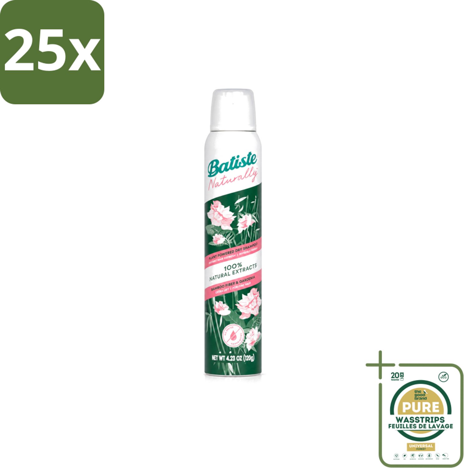 25 x Batiste - Naturally Bamboo Fibre & Gardenia - Droogshampoo - Versterkt en Verfrist - 100% Natuurlijk - 200ml - Wasstrips - Natuurlijke Droogshampoo - Haarkleur - Haartype - Vet Haar - Droog Haar