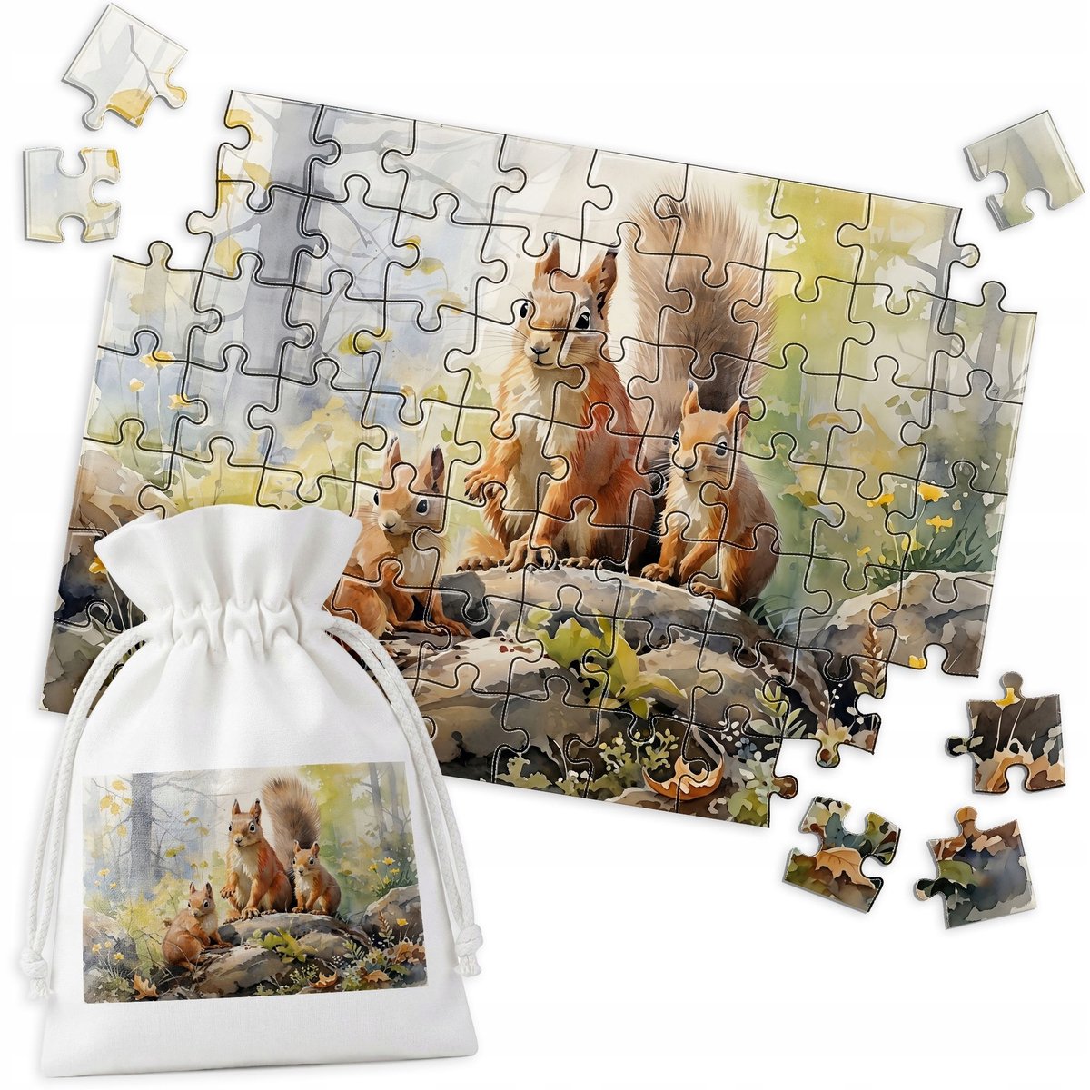 Traditionele Puzzel - Drie Eekhoorns, Aquarel 70 Stukjes