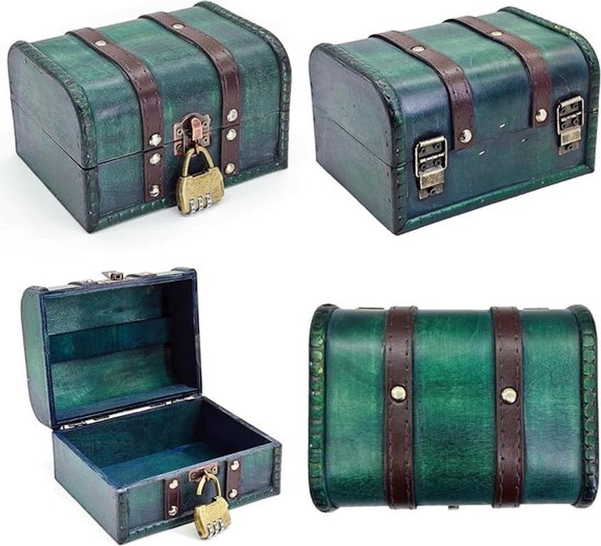 Houten Schatkist Vintage Spaarpot Doos met Deksel - Geschenkdoos voor Opslag en Decoratie - Blauw