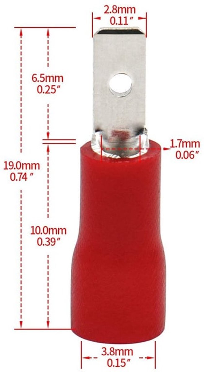 Kabelconnector - stekker/stopcontact - vinyl - rood - 2,8 x 0,5 mm - kabelterminals - Geschikt voor 0,5-1,5 mm² - Verpakking van 100