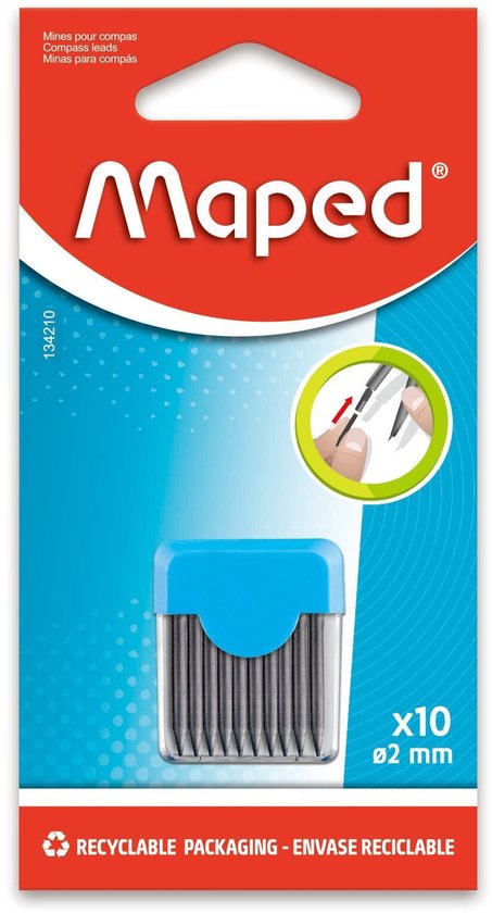 Maped passerstiften, 10 stuks, 2 mm. Verpakking met blauw deksel en transparante bodem.