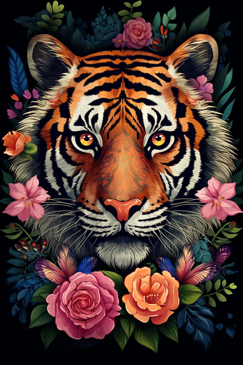 Tijger Poster - Sfeer - Bloemen - Dieren - Mandala - posters - formaat 70x100cm - Woondecoratie - L929CW