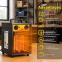 Zwarte en gele 3kW verwarming met lijst van voordelen op houten tafel.
