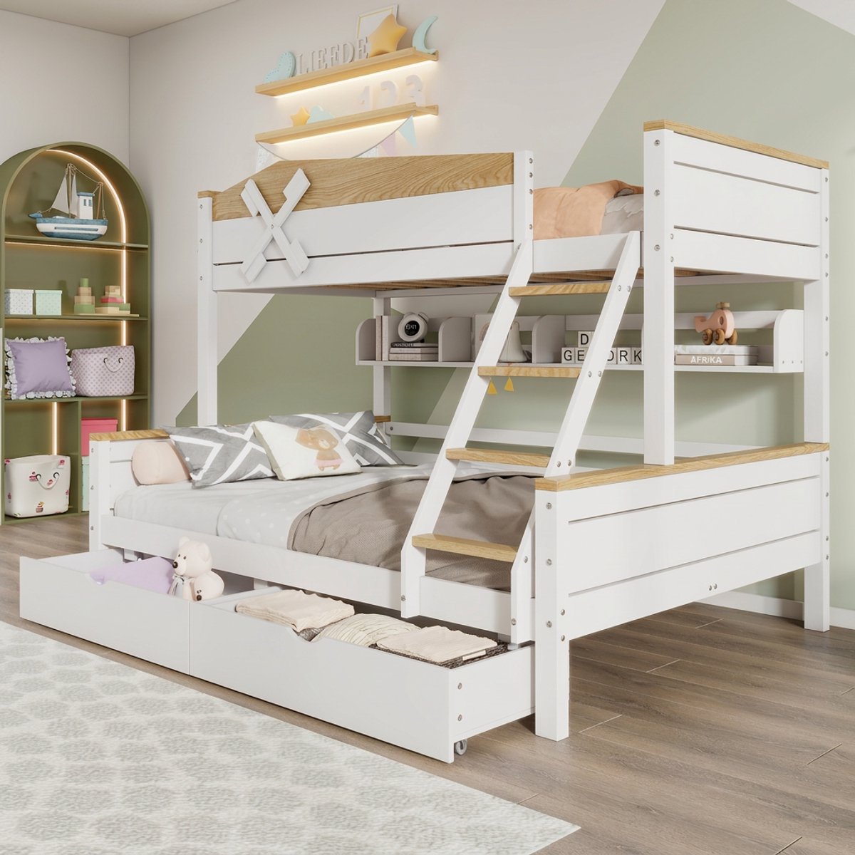 Montessori vloerbed - Stapelbed met windmolen - Kinderbed 90x200 en 140x200 - Met lades en planken - Schuine ladder - Hout - Kinderkamer- Wit en natuur
