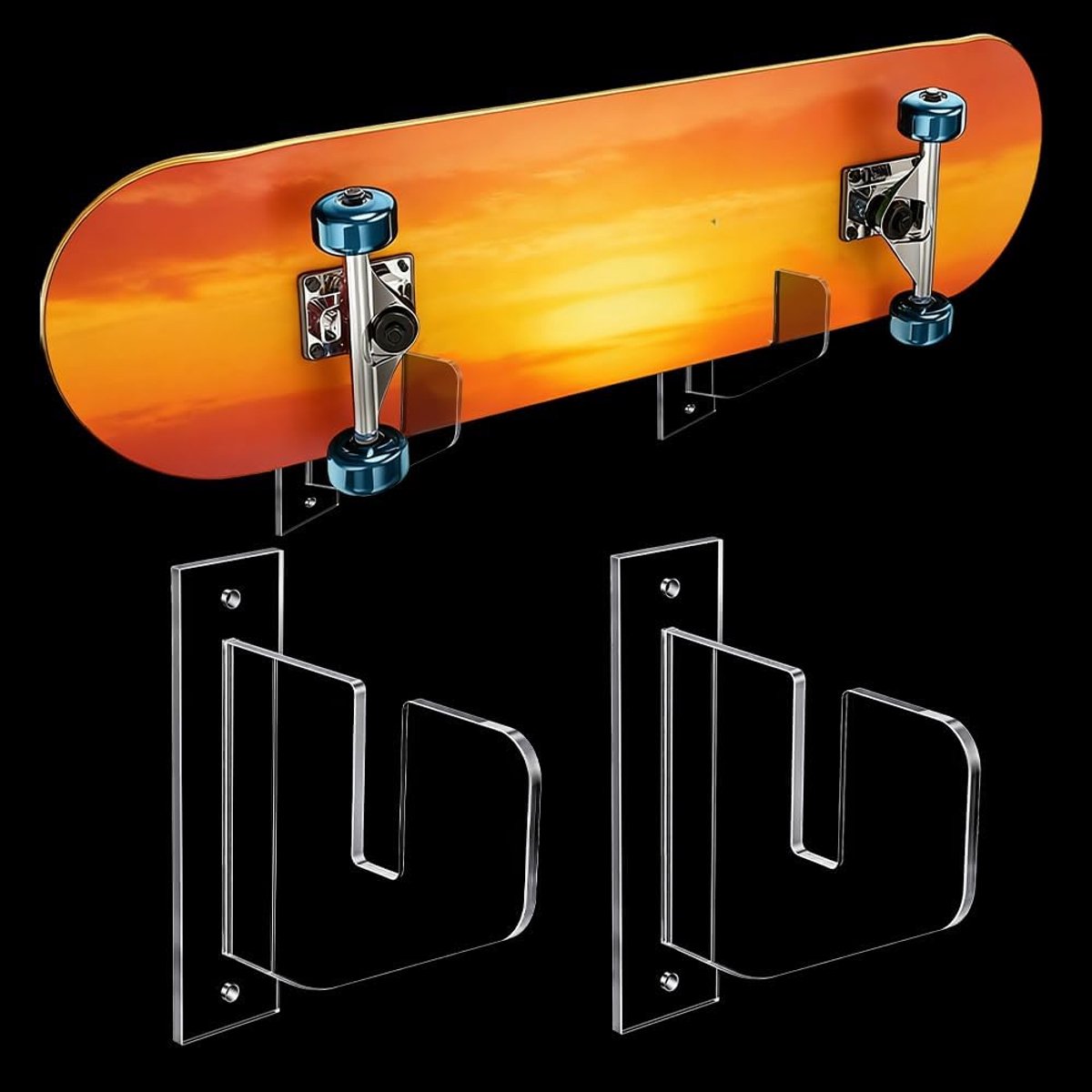 Wandhouder voor skateboard, snowboard en longboard, transparant acryl, set van 2, 4 x 15,2 x 13,4 cm