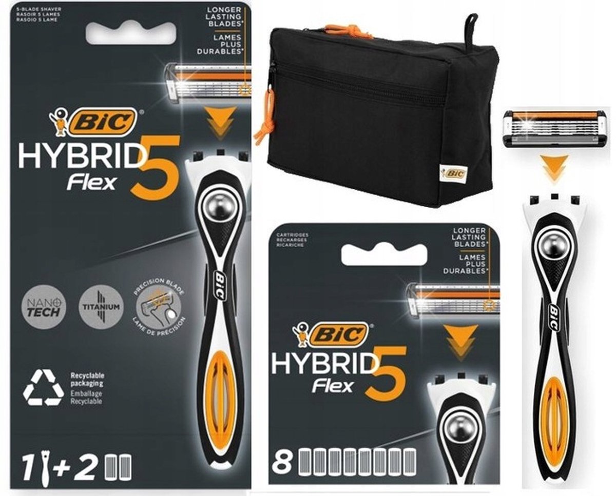 BIC Hybrid 5 Flex Scheermes Set met 10 Navullingen & Toilettas