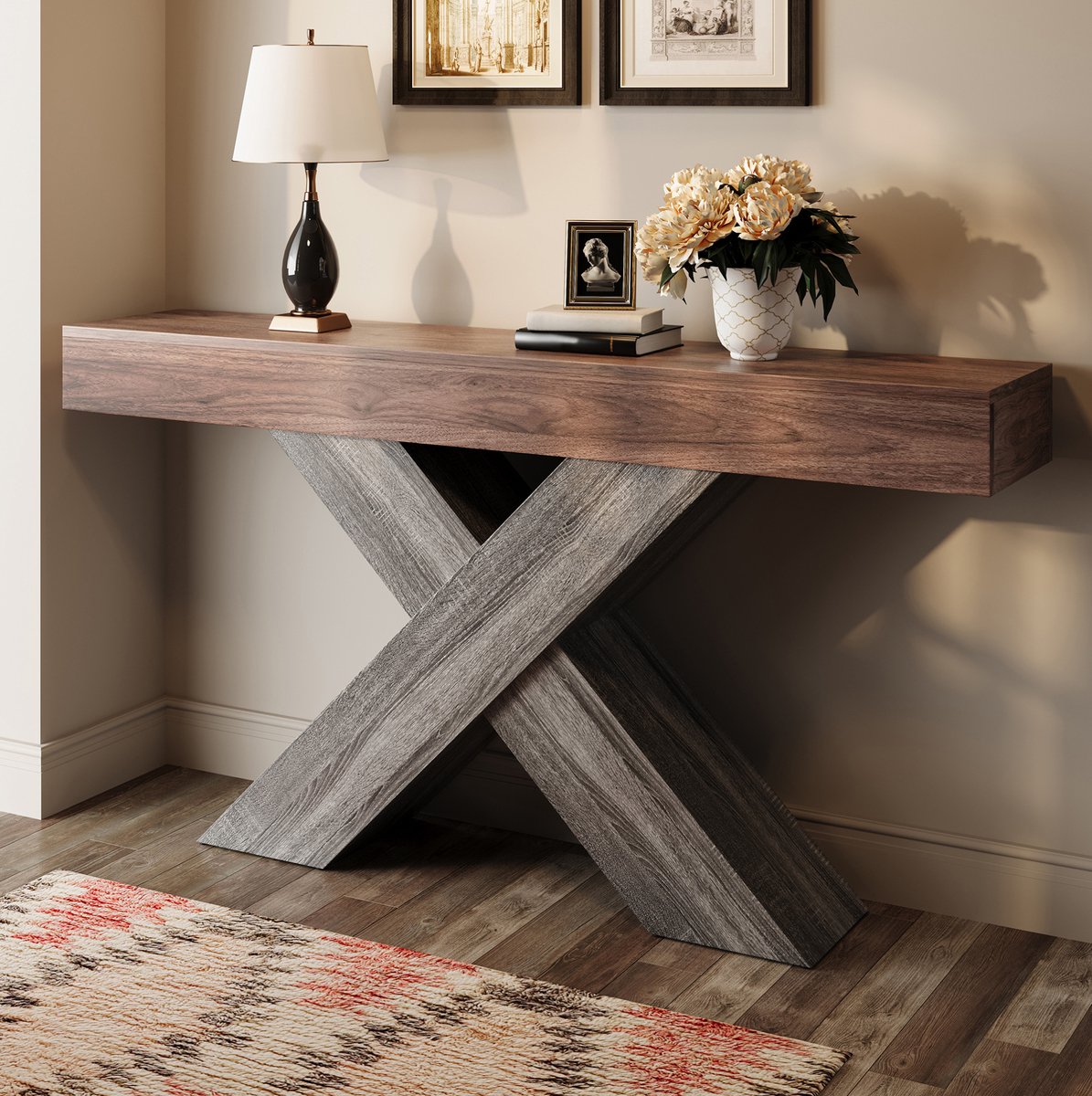 MODFU - Sidetable - X-Vormige Steun - Industrieel - Hal - Spaanplaat - Walnoot - 140 X 30 X 80 Cm