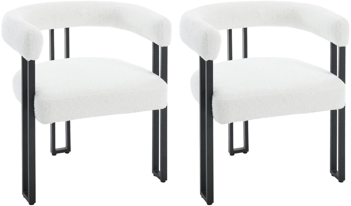 Bresht Eetkamerstoelen - Set van 2 - Armleuningen - Chenille - Metalen Poten - Modern Design - Wit - 61,5 × 51,5 × 72 cm