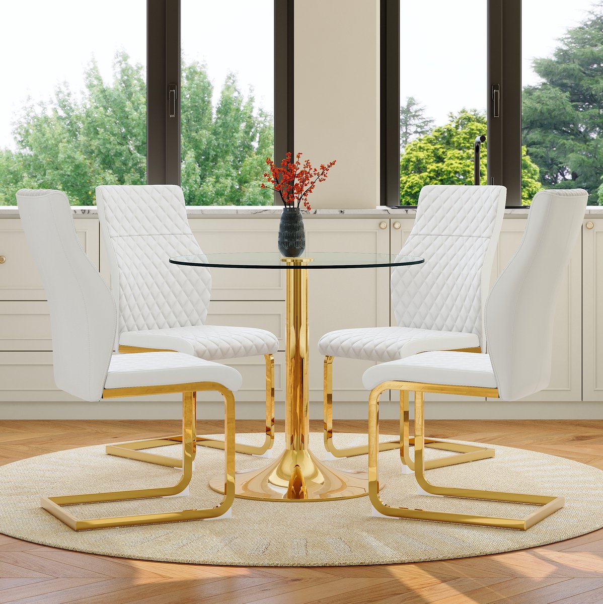 MODFU - Eettafel En Stoelen Set - Ronde Glazen Tafel - 4 Stoelen - Modern - Wit Goud