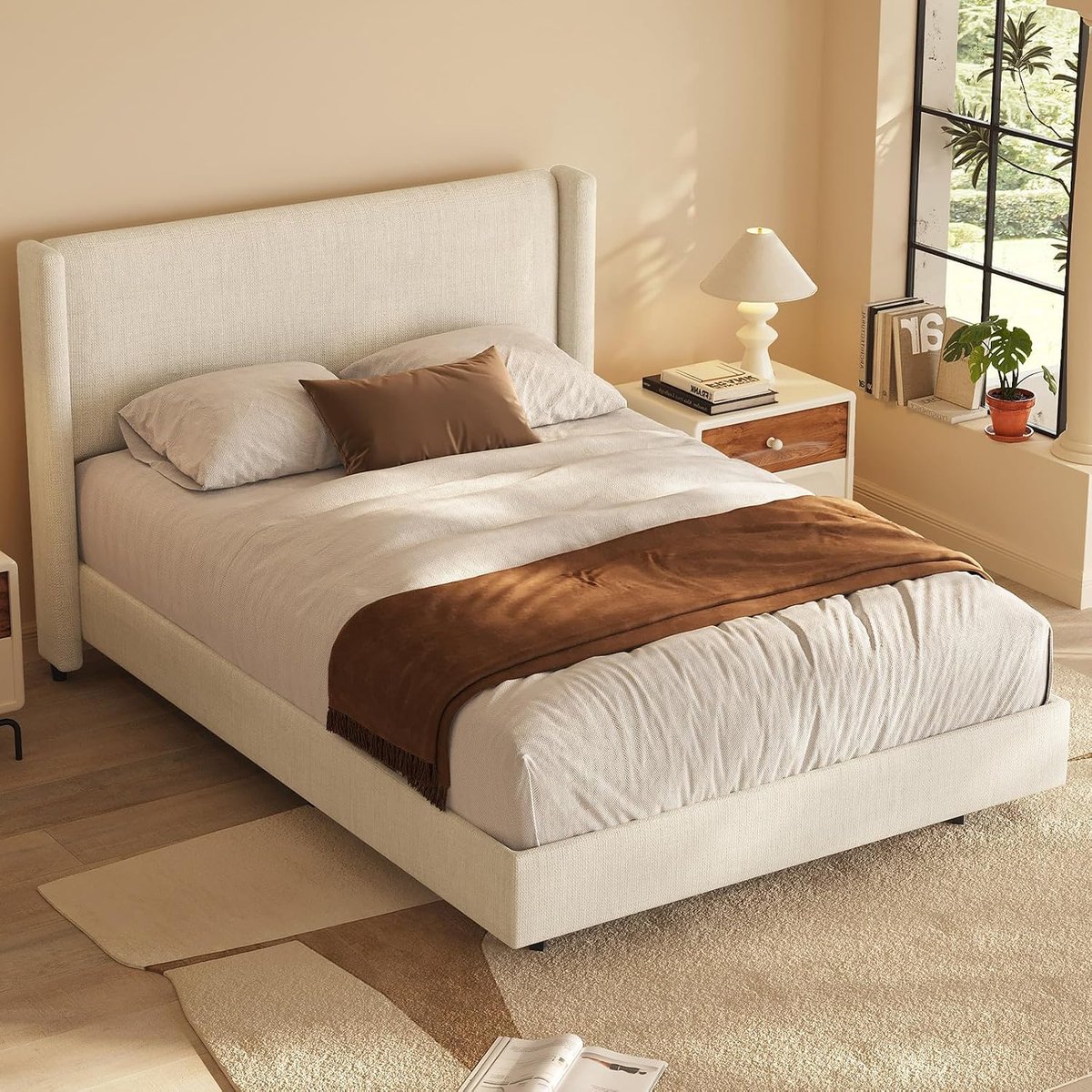 Miuuod Upholstered Platform Bed Frame, Fits for 140 x 200 cm Mattress, Wingback Headboard Solid Wood Slats and Metal Support Legs, Small Double/French Bed Frame, Noise-Free, Easy Assembly