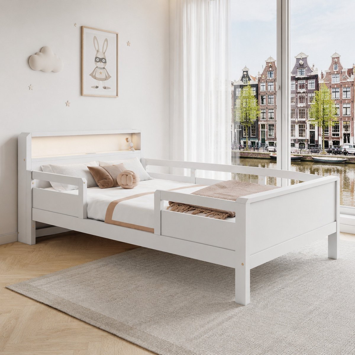 WUVRIE Kinderbed 90x200 cm met LED, USB-/Type-C-aansluiting, opbergruimte en uitvalbeveiliging, wit